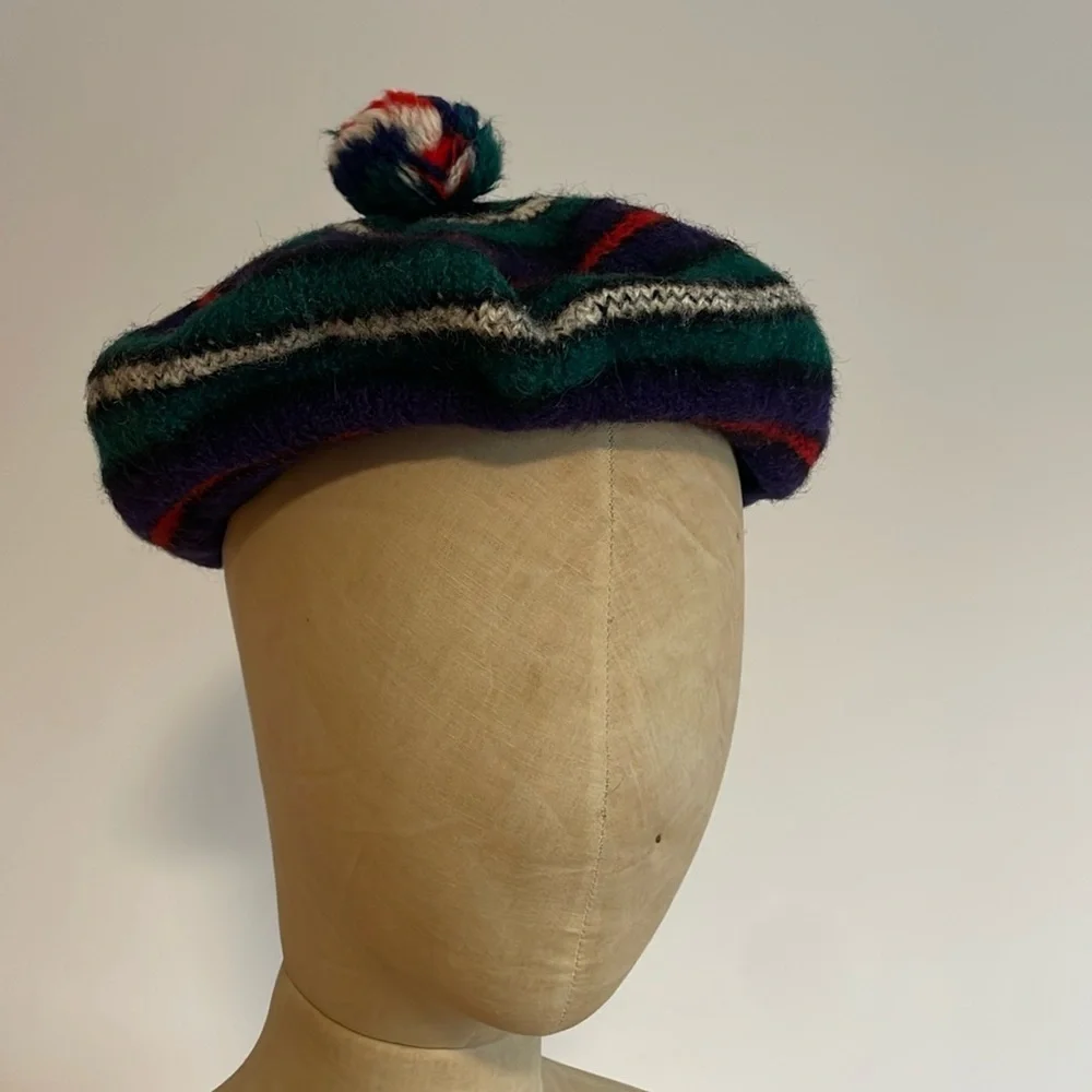 VTG Striped Knit Tam Beret Green Wool Pom Scotland MacKenzie Hat Cap Stripe Navy